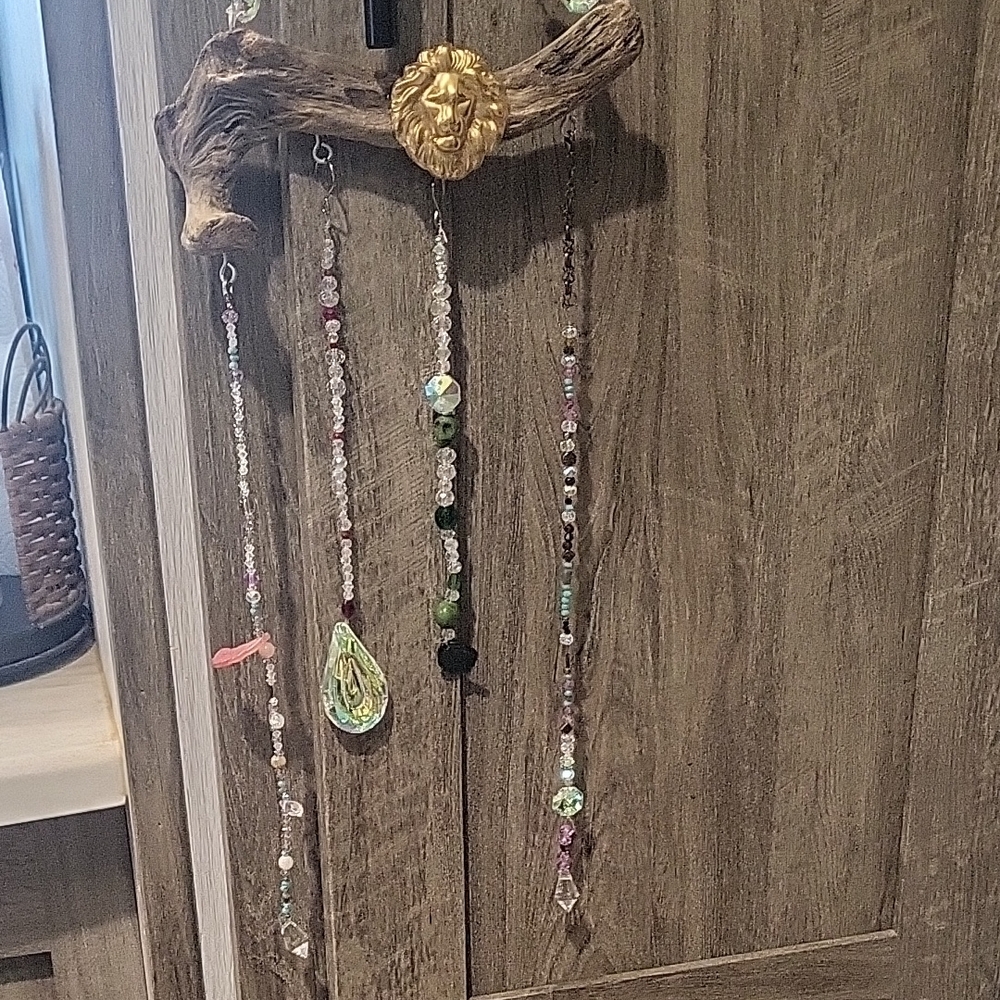 Austrian Crystal Beaded Hanging Suncatcher with Gold Accent And Driftwood